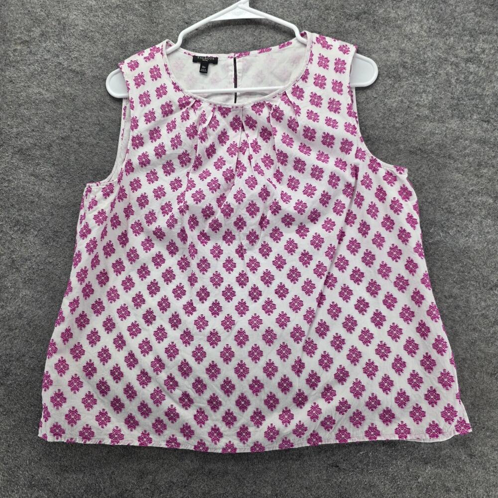 Talbots Shirt Womens 16P White Pink Cotton Sleeveless Scoop Neck Petites Top